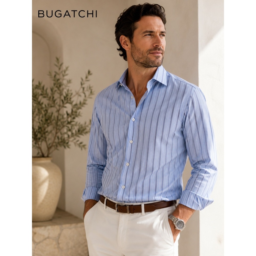 Bugatchi Shaped Fit Blue Striped Button Front Dress Shirt XL Cotton